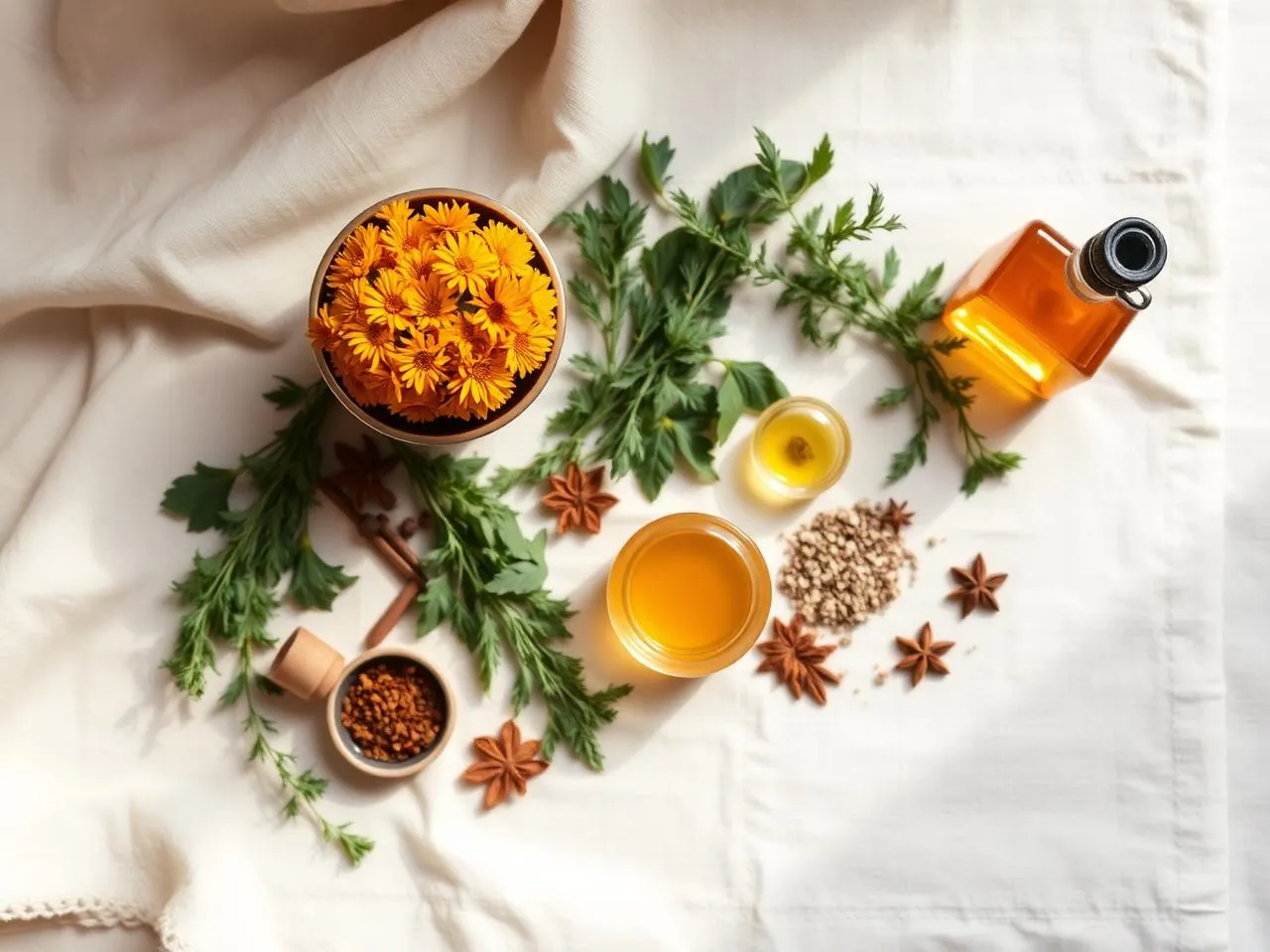 Ayurvedic herbs, oils and marigolds laid out on linen