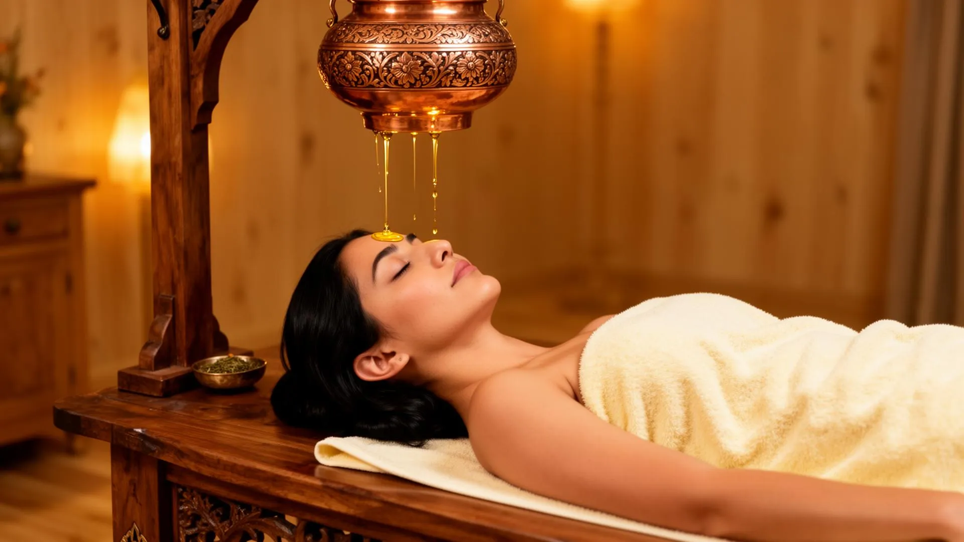 Shirodhara — continuous warm oil stream over the forehead